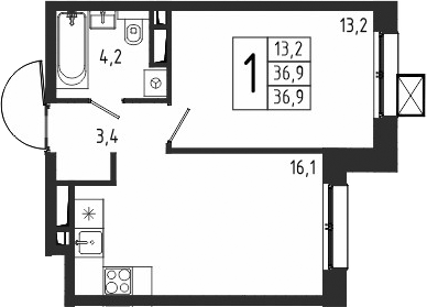 Планировка — Берег, 1-комн., 37 м²