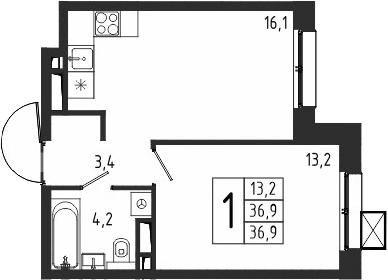 Планировка — Берег, 1-комн., 37 м²