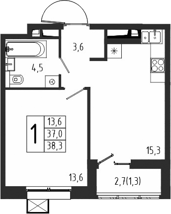 Планировка — Берег, 1-комн., 37 м²