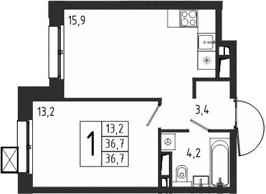 Планировка — Берег, 1-комн., 37 м²
