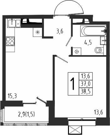 Планировка — Берег, 1-комн., 37 м²