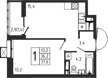 Планировка — Берег, 1-комн., 36 м²