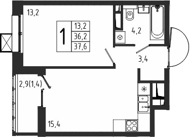 Планировка — Берег, 1-комн., 36 м²