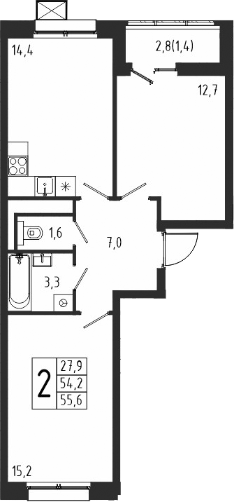 Планировка — Берег, 2-комн., 54 м²