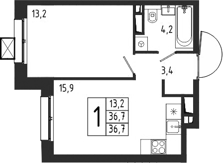 Планировка — Берег, 1-комн., 37 м²