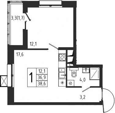 Планировка — Берег, 1-комн., 37 м²