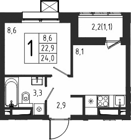Планировка — Берег, 1-комн., 23 м²