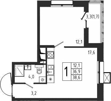 Планировка — Берег, 1-комн., 37 м²
