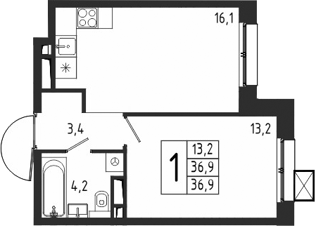 Планировка — Берег, 1-комн., 37 м²