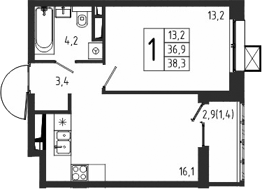 Планировка — Берег, 1-комн., 37 м²