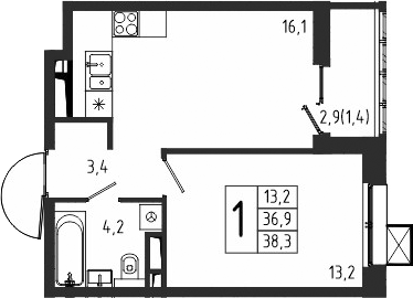Планировка — Берег, 1-комн., 37 м²