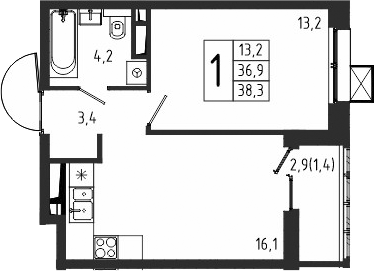 Планировка — Берег, 1-комн., 37 м²