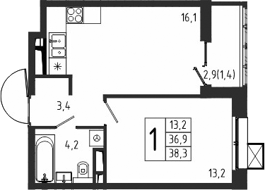 Планировка — Берег, 1-комн., 37 м²