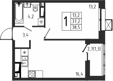 Планировка — Берег, 1-комн., 37 м²