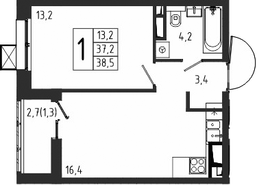 Планировка — Берег, 1-комн., 37 м²