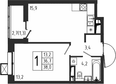 Планировка — Берег, 1-комн., 37 м²