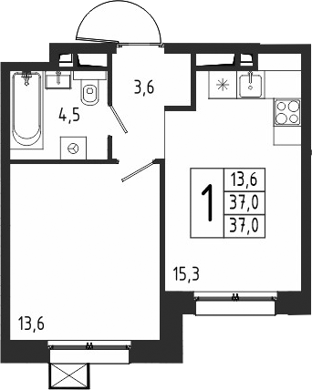 Планировка — Берег, 1-комн., 37 м²