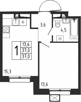 Планировка — Берег, 1-комн., 37 м²