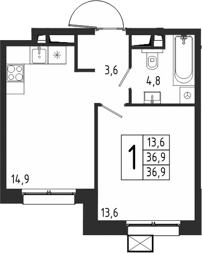 Планировка — Берег, 1-комн., 37 м²