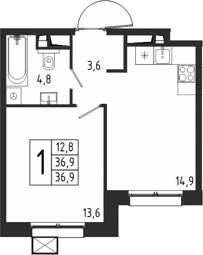 Планировка — Берег, 1-комн., 37 м²