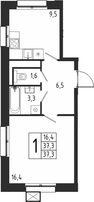 Планировка — Берег, 1-комн., 37 м²