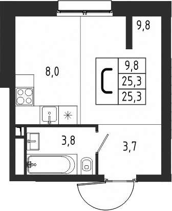 Планировка — Берег, Студия, 25 м²