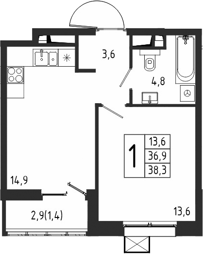 Планировка — Берег, 1-комн., 37 м²