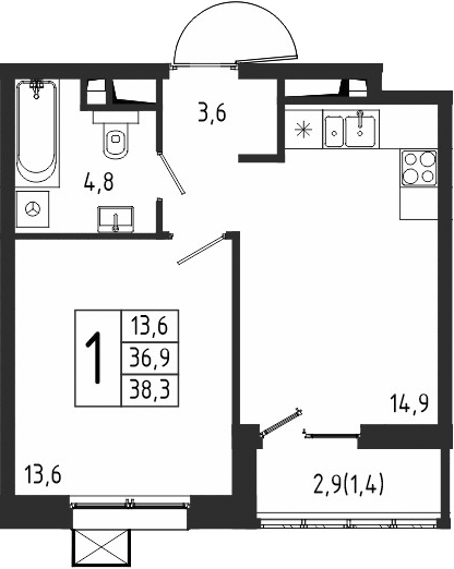 Планировка — Берег, 1-комн., 37 м²