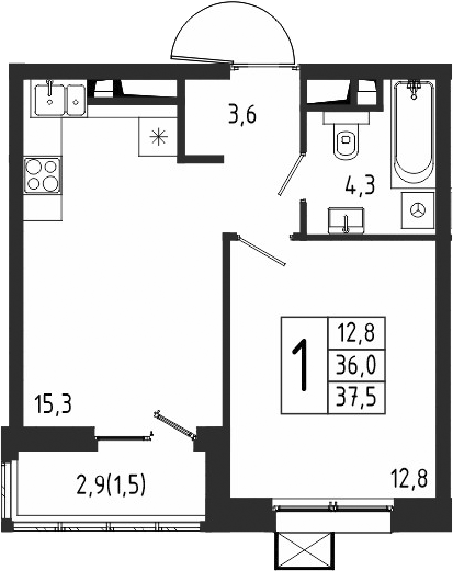 Планировка — Берег, 1-комн., 36 м²