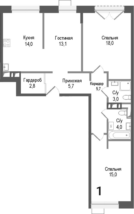 Планировка — Киноквартал, 3-комн., 81 м²