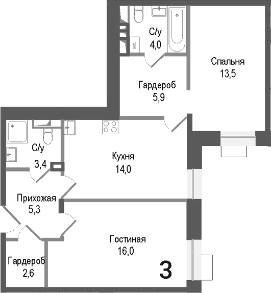 Планировка — Киноквартал, 2-комн., 65 м²