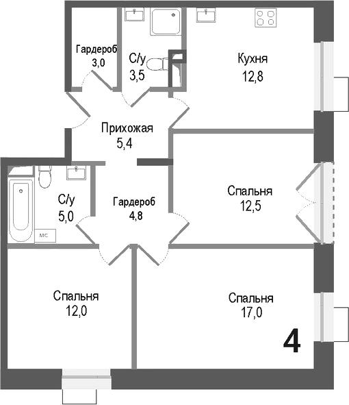 Планировка — Киноквартал, 3-комн., 76 м²