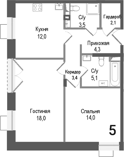 Планировка — Киноквартал, 2-комн., 62 м²