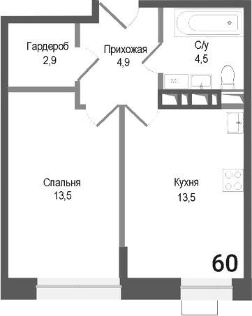 Планировка — Киноквартал, 1-комн., 39 м²