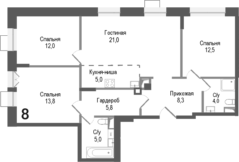 Планировка — Киноквартал, 4-комн., 87 м²