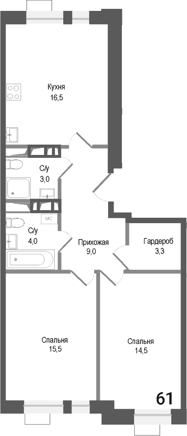 Планировка — Киноквартал, 3-комн., 66 м²