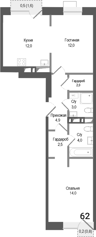 Планировка — Киноквартал, 2-комн., 54 м²