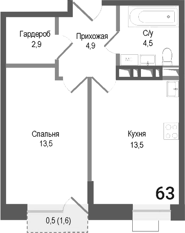 Планировка — Киноквартал, 1-комн., 39 м²