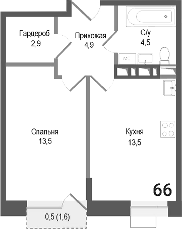 Планировка — Киноквартал, 1-комн., 39 м²