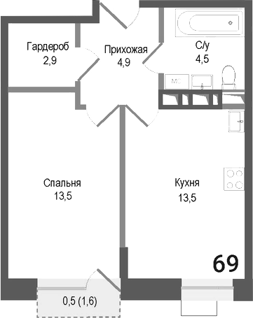 Планировка — Киноквартал, 1-комн., 39 м²