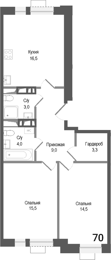 Планировка — Киноквартал, 3-комн., 66 м²