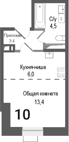 Планировка — Киноквартал, Студия, 27 м²