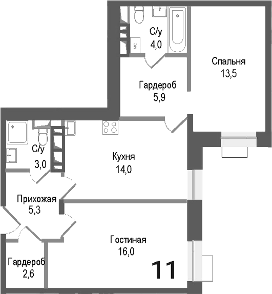 Планировка — Киноквартал, 2-комн., 64 м²