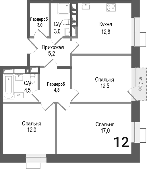 Планировка — Киноквартал, 3-комн., 75 м²