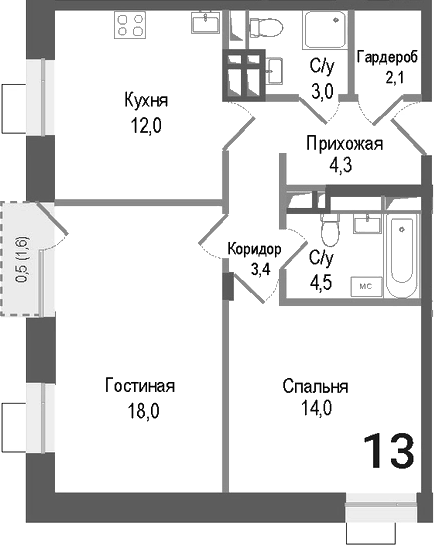 Планировка — Киноквартал, 2-комн., 61 м²