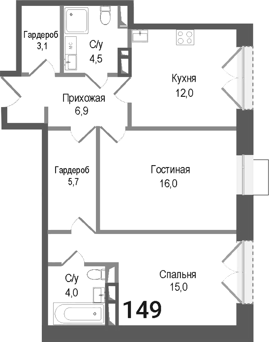 Планировка — Киноквартал, 2-комн., 67 м²