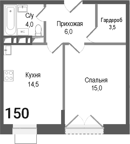 Планировка — Киноквартал, 1-комн., 43 м²