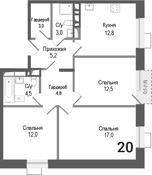 Планировка — Киноквартал, 3-комн., 75 м²