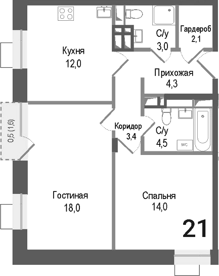 Планировка — Киноквартал, 2-комн., 61 м²