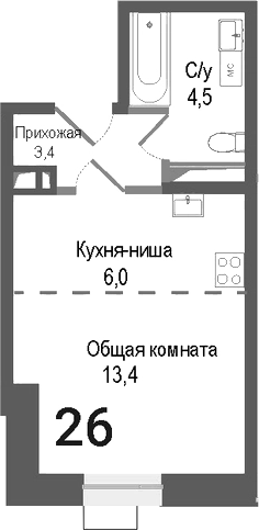 Планировка — Киноквартал, Студия, 27 м²